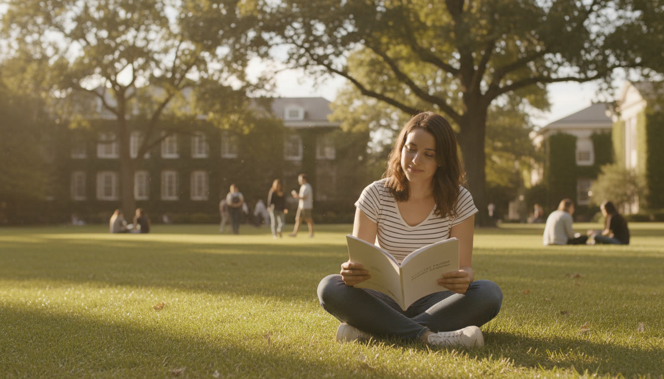 Photo Idea : Student sitting on a campus quad, holding a folded exam booklet and smiling faintly, sunlight filtering through trees — conveys calm reflection and relief. Place near the top to set a gentle tone.