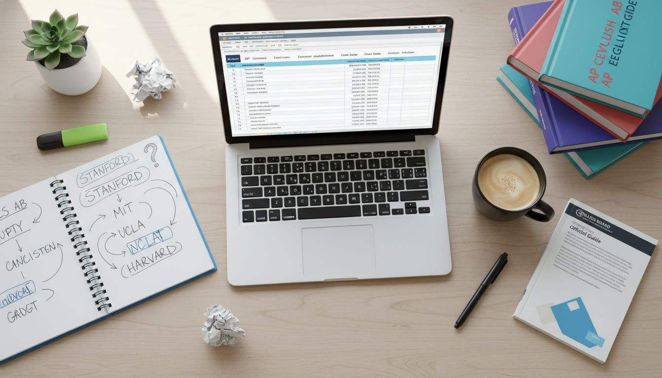 Photo Idea : A bright flat-lay photo of a student’s desk with a laptop showing a spreadsheet, a notebook with scribbled college names, and a cup of coffee—evoking organized planning and focused study.