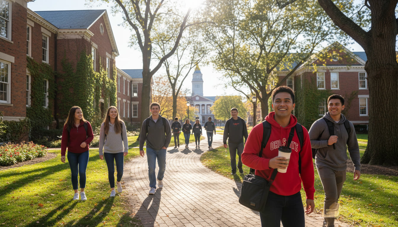 Photo Idea : A sunny campus scene at Ohio State with students walking between brick buildings, backpacks and smiles — conveys optimism and possibility for incoming students.