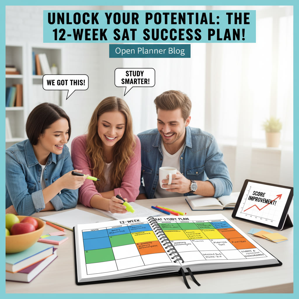 Open planner with a 12-week calendar and colored study blocks: suggests the structure of a sample study plan and weekly goals.