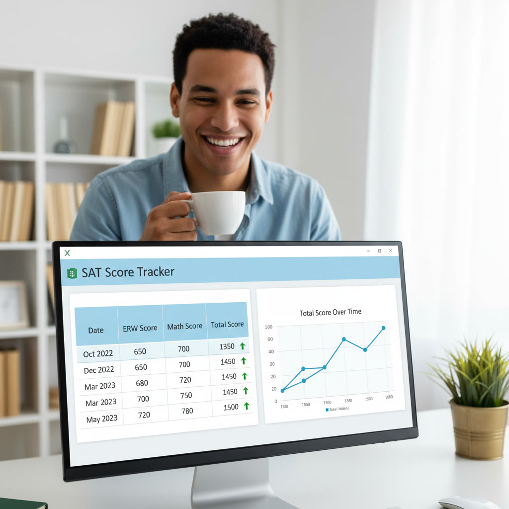 Screenshot idea: A clean Excel dashboard showing the Date column, ERW and Math scores, a line chart of Total Score over time, and conditional formatting highlighting improvements.