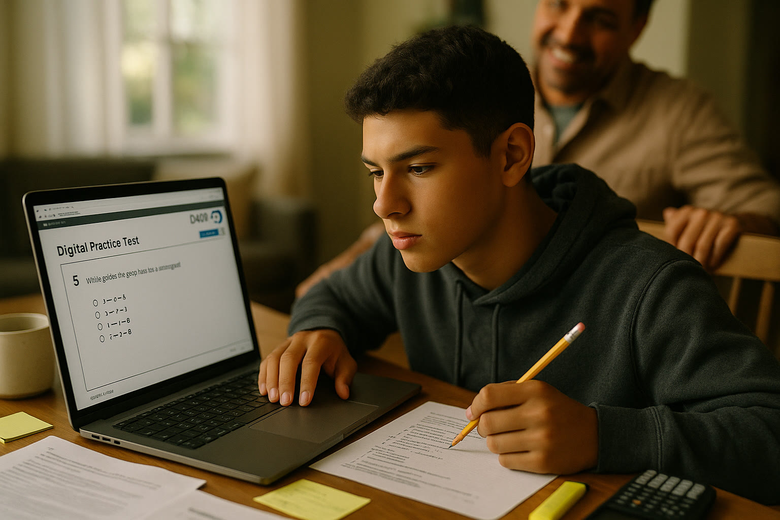 Photo Idea : A close-up of a teen taking a full digital SAT practice test on a laptop with notes and a parent observing supportively in the background.