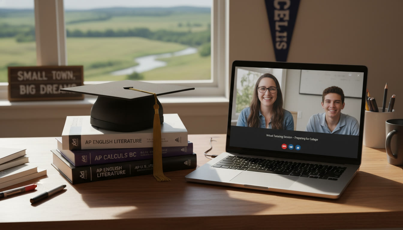 Photo Idea : A hopeful graduation-cap-on-desk image with AP study guides and a laptop open to a virtual tutoring session symbolizes the bridge between small-town beginnings and college aspirations.