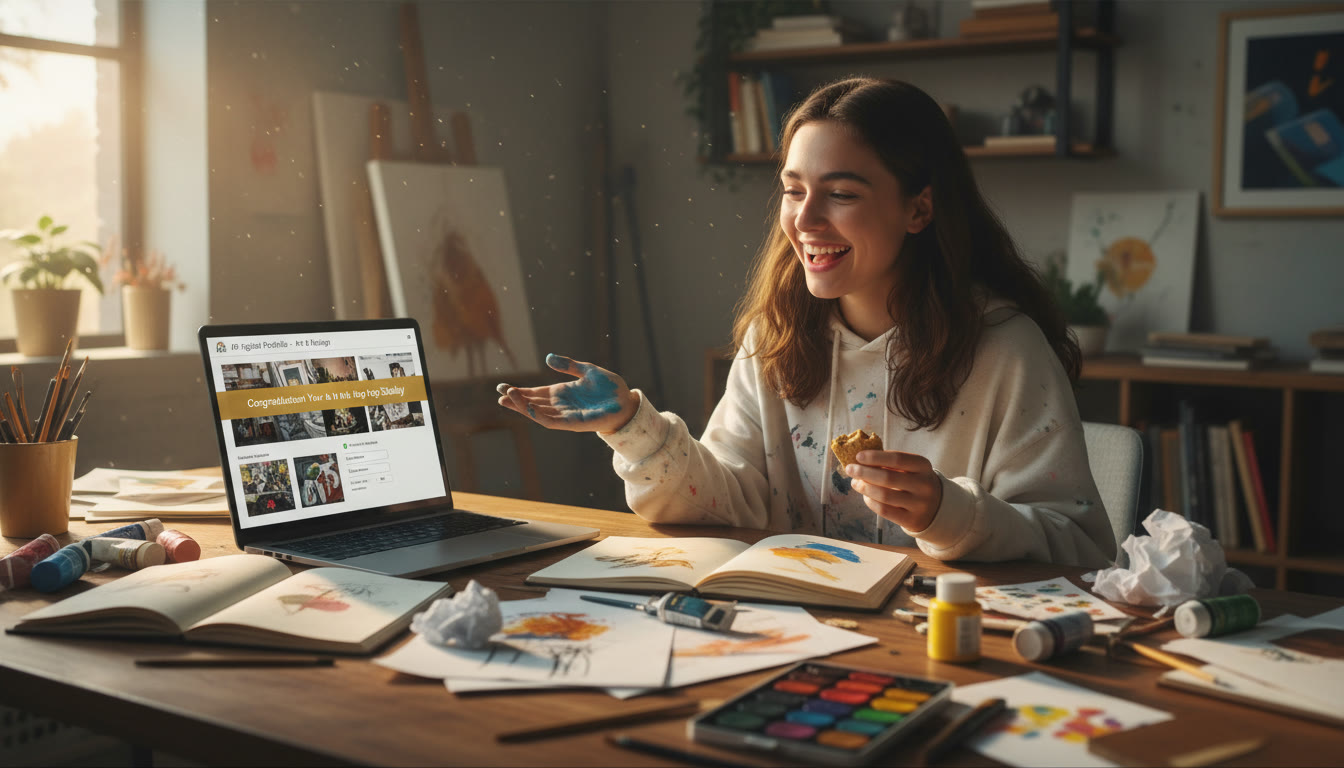 Photo Idea : Top 30% placement — A candid photo of a high school student in a messy studio: sketchbooks, paints, and a laptop showing the AP Digital Portfolio upload interface. The shot feels warm and active, capturing both process and digital submission.