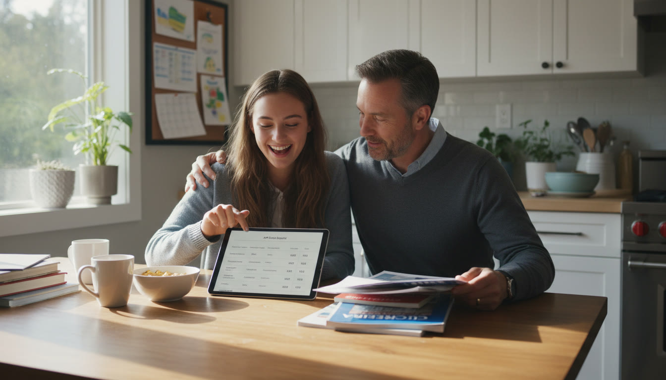 Photo Idea : A warm, candid photo of a high school student and a parent looking over AP score reports and college brochures at a kitchen table — natural light, relaxed expressions.