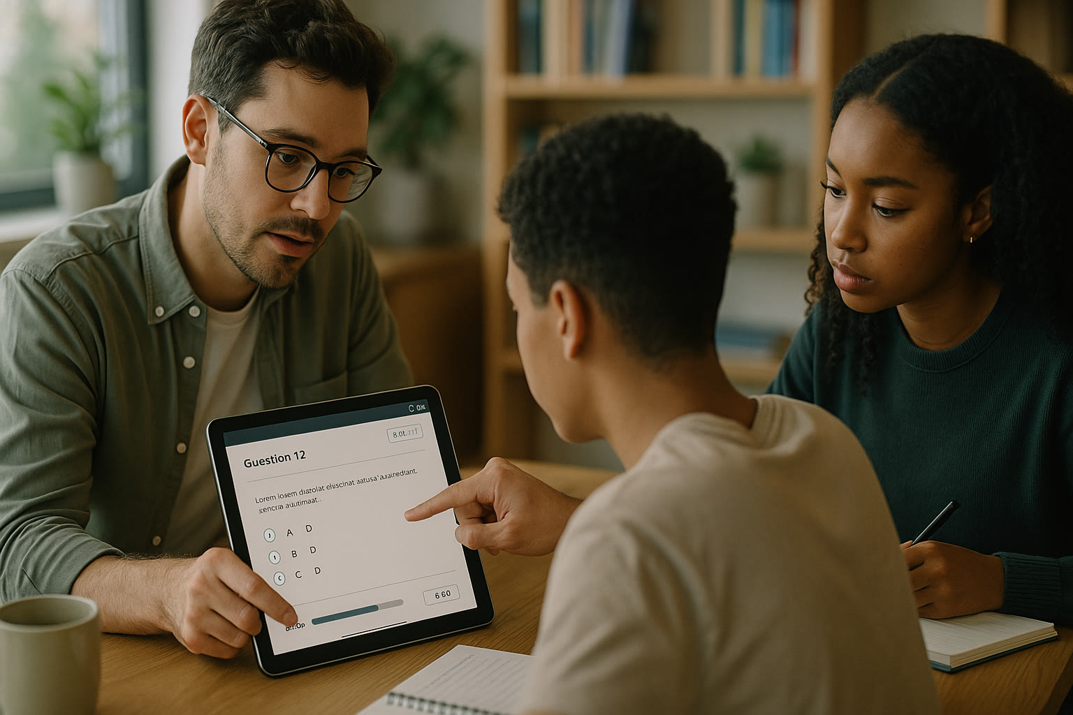 Photo Idea : A photo of a small group tutoring session with a student working on a digital tablet showing SAT practice questions, with a tutor pointing to the screen—conveys focused preparation and modern digital practice.