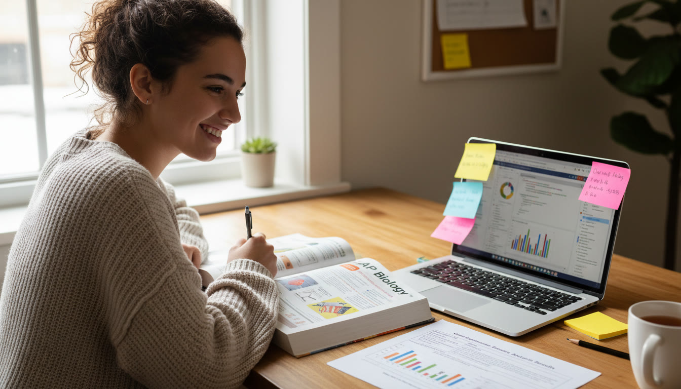 Photo Idea : A bright study scene — a student at a desk with an AP textbook, a laptop open to a project, sticky notes, and a printed artifact (e.g., short creative work or data printout). This image should convey focus and evidence-based study.