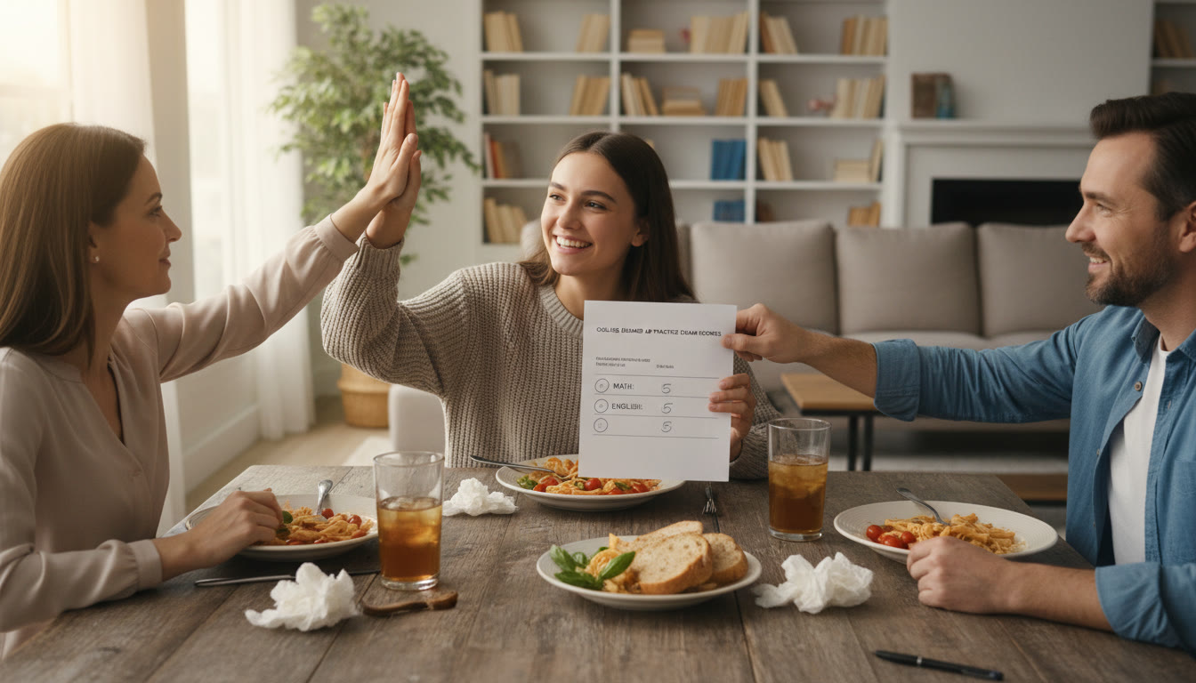 Photo Idea : A calm, celebratory photo of a family sharing a quiet post-exam meal in natural light—plates of simple food, high-fives, and a printed practice-score sheet on the table to show reflection and togetherness.