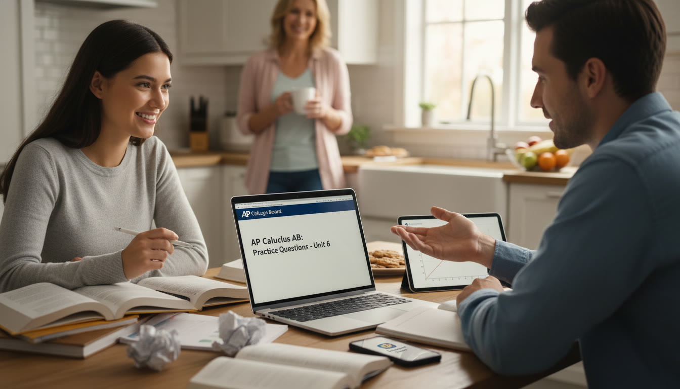 Photo Idea : A student and tutor deep in a study session at a kitchen table, laptop open with practice questions on screen, a parent nearby holding a cup of coffee and watching supportively—conveys collaboration and the hybrid approach of subscriptions plus personalized tutoring.