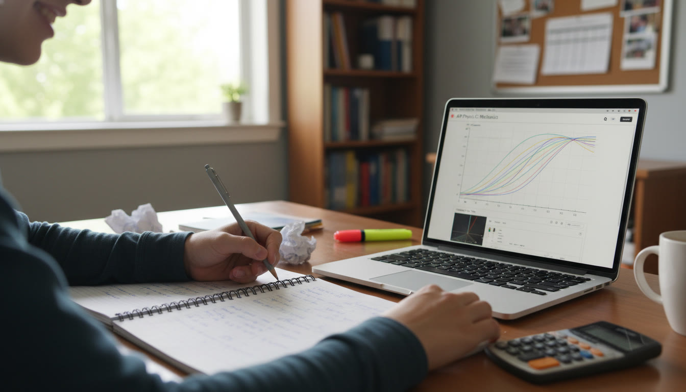 Photo Idea : A close-up of a student writing on a notebook beside a laptop displaying a graph; the scene conveys focused problem-solving and note-taking.