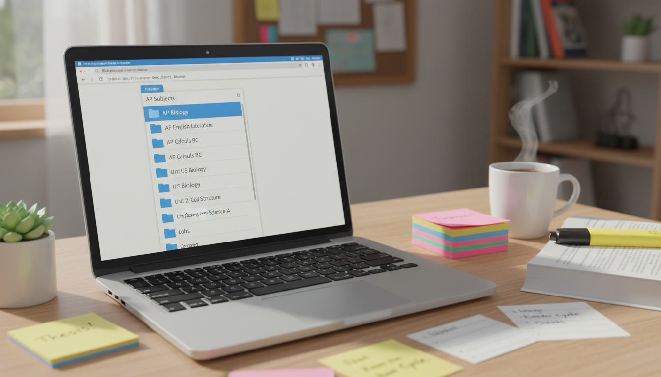 Photo Idea : A clean laptop screen showing a clearly labeled cloud folder tree for multiple AP subjects, with sticky notes and a highlighter nearby to suggest active studying.