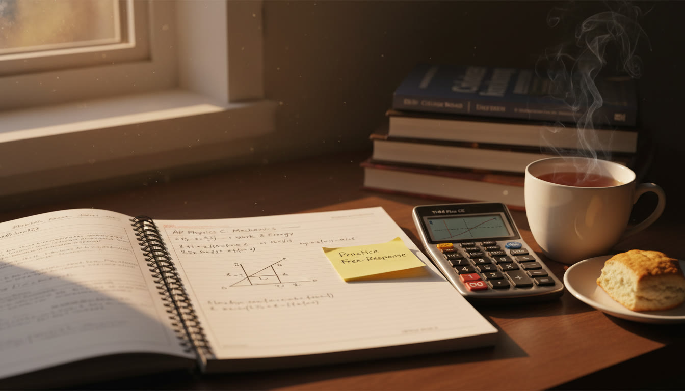 Photo Idea : A study scene late afternoon — an open lab notebook with a mechanics problem, a graphing calculator, and a sticky note that reads “Practice Free-Response.” A cup of tea and soft warm light suggest steady work and calm confidence. Place near the end to reinforce study habits and exam prep imagery.