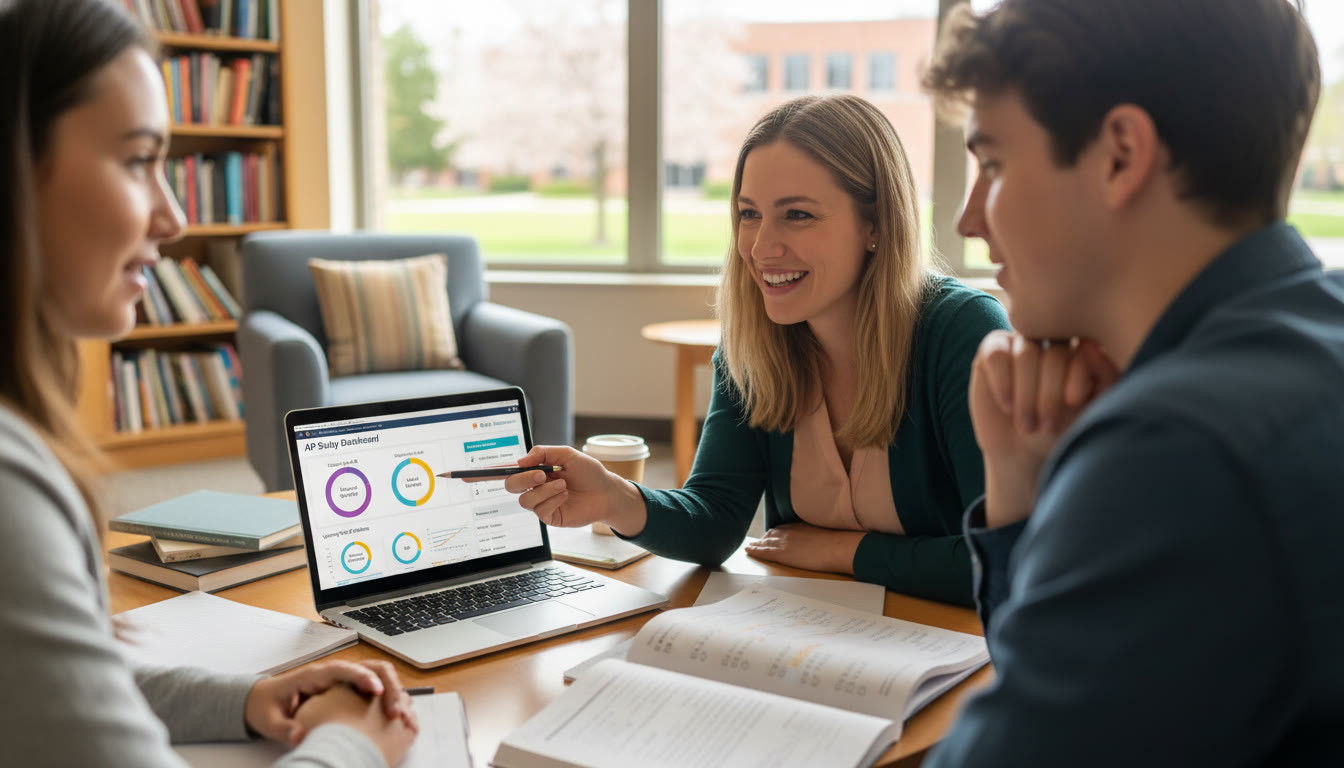 Photo Idea : A small group tutoring scene where a student reviews a mock exam with a tutor and a laptop screen showing a study dashboard; soft focus on faces to emphasize collaboration and guidance.