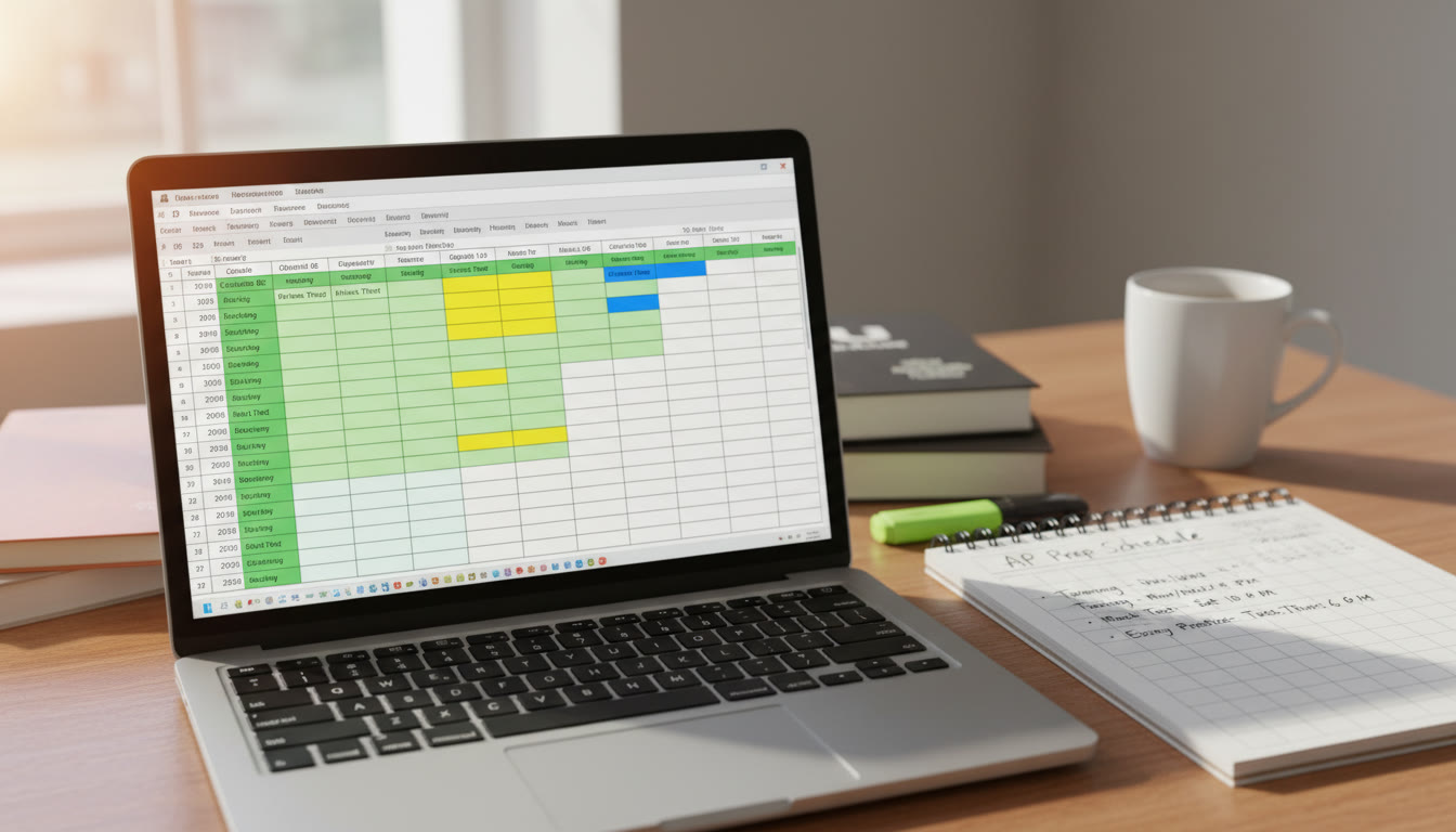 Photo Idea : Close-up of a spreadsheet on a laptop screen with colored cells and a calendar open beside it; a notepad lists tutoring sessions and mock test dates.