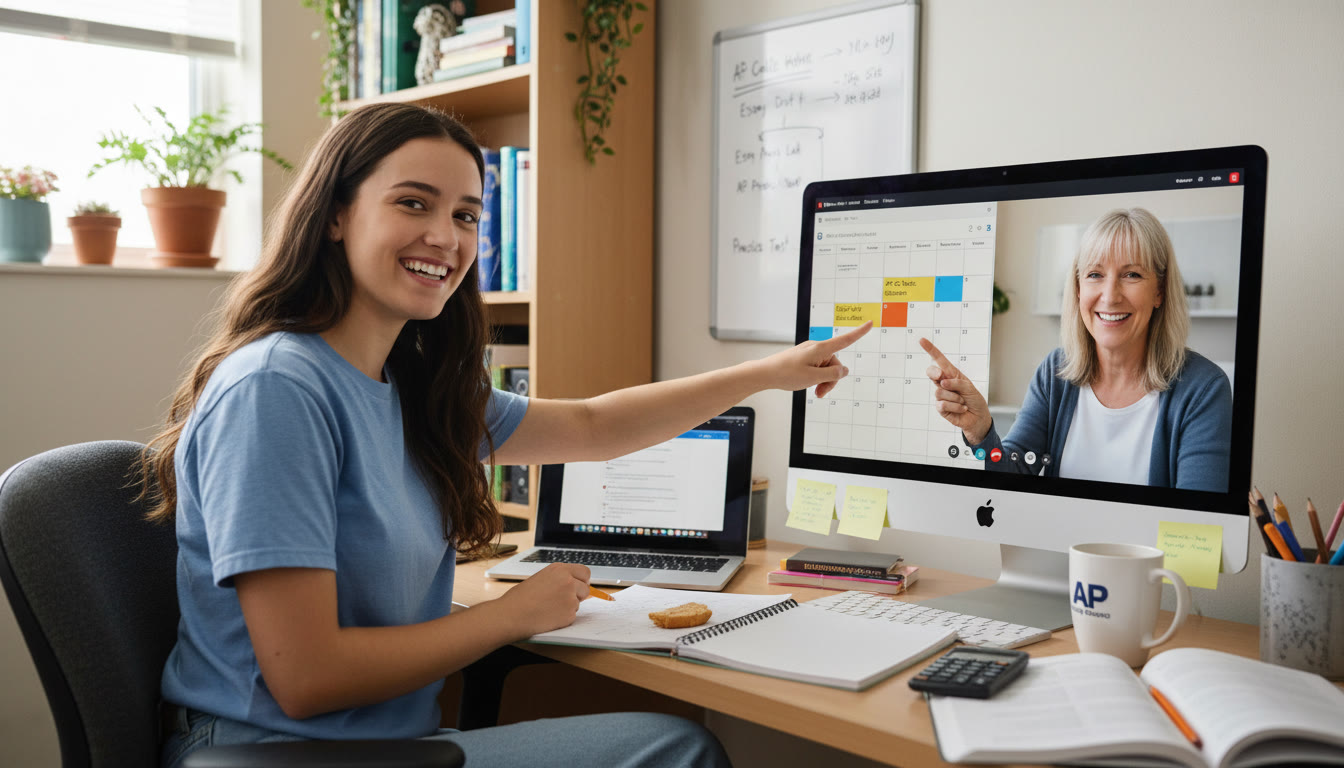 Photo Idea : A student meeting with a tutor (virtual or in-person) while referencing a shared calendar on screen—shows collaboration, clarity, and focused planning.