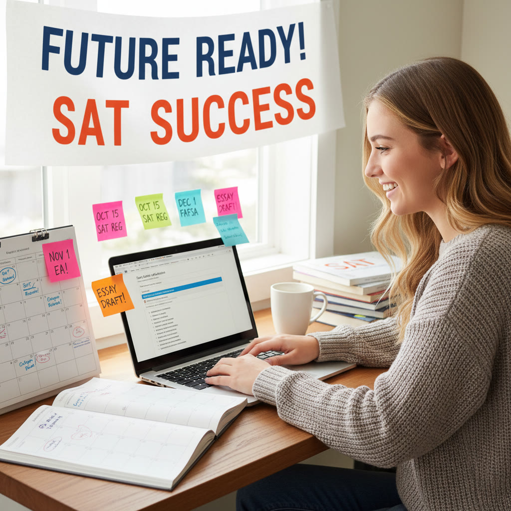 Photo Idea : A shot of a student filling out an Early Action application on a laptop, with a calendar and sticky notes showing deadlines.