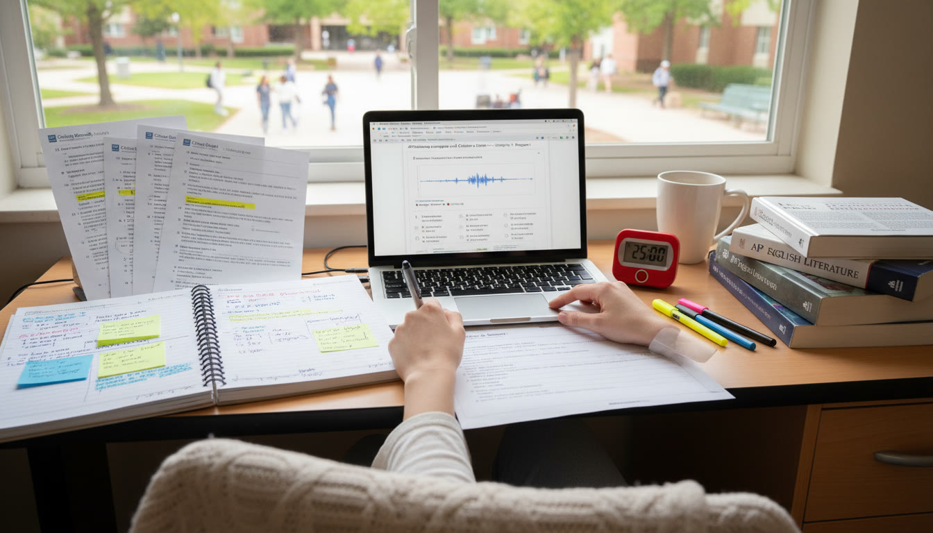 Photo Idea : A study desk with annotated transcripts, a timer, and a laptop showing an AP-style listening question — evokes focused test preparation and deliberate practice.