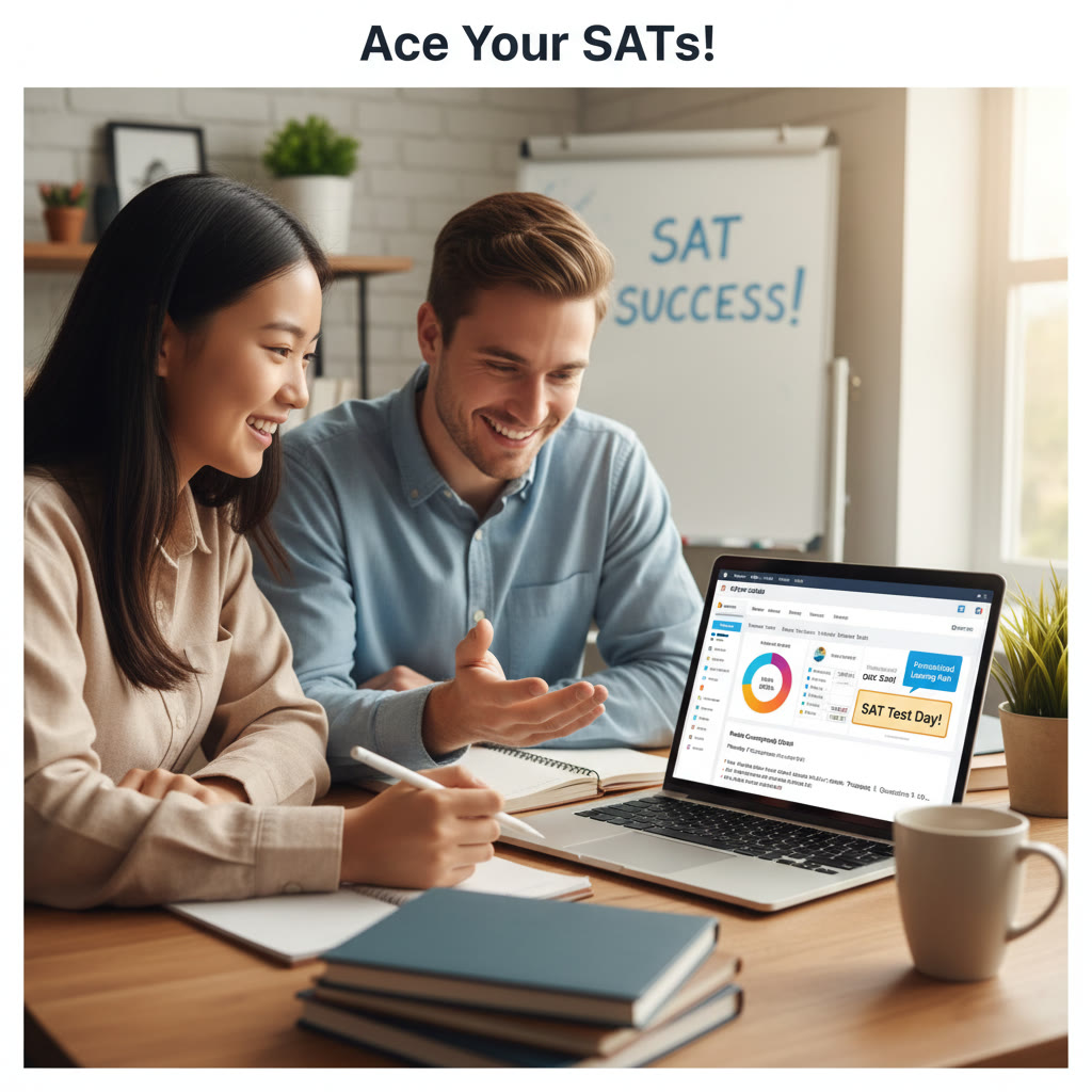 Close-up of a student working with a tutor over a laptop, showing a study plan and practice problems on screen — suggesting personalized tutoring in action.