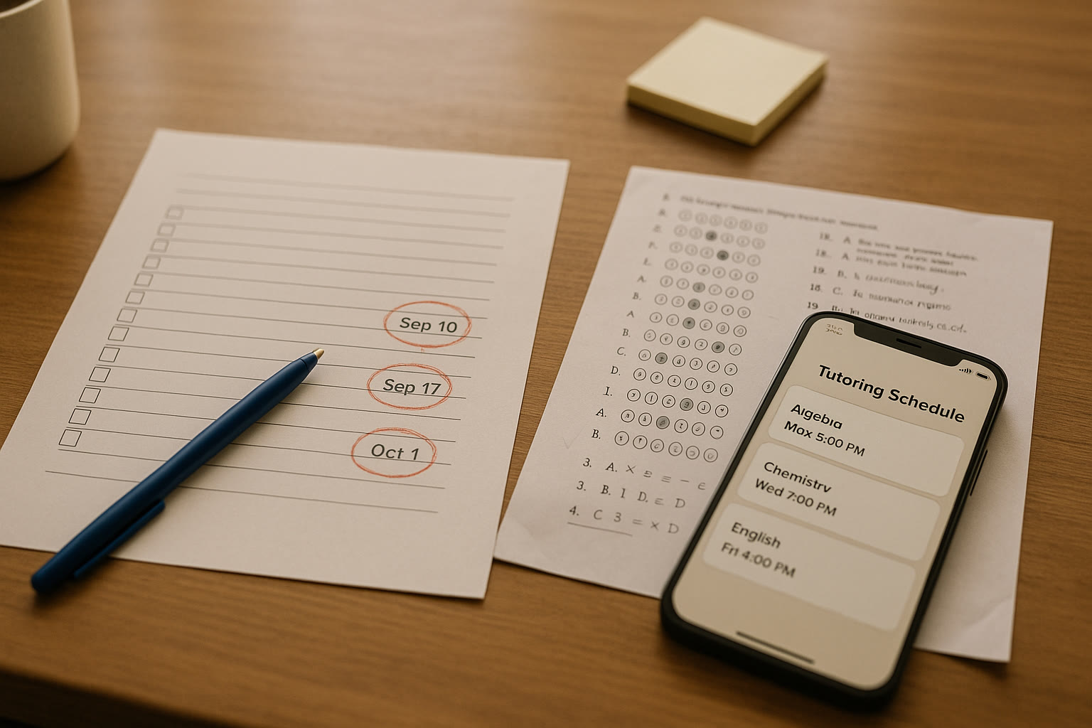 Photo Idea : A calm desktop scene showing a checklist with dates circled, a practice test printout, and a phone displaying a tutoring schedule — representing organized planning and the integration of tutoring into the timeline.