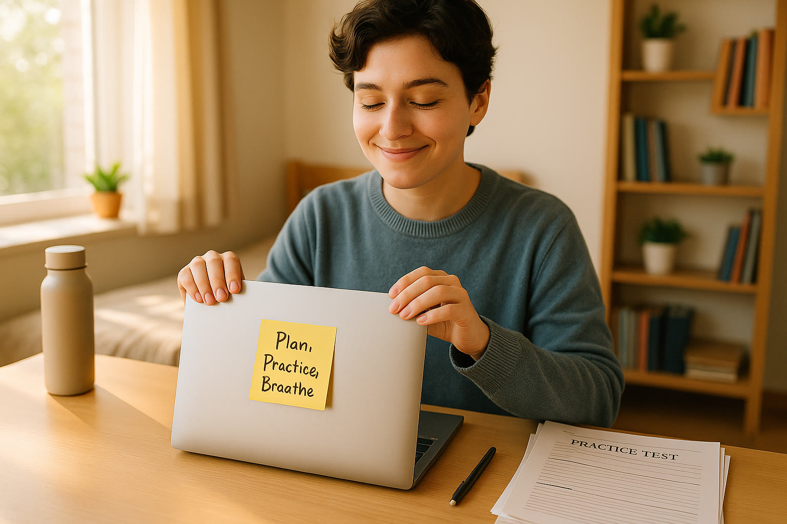 Photo Idea : A bright, optimistic photo of a student closing a laptop and smiling, with a neat stack of practice tests and a sticky note that reads 
