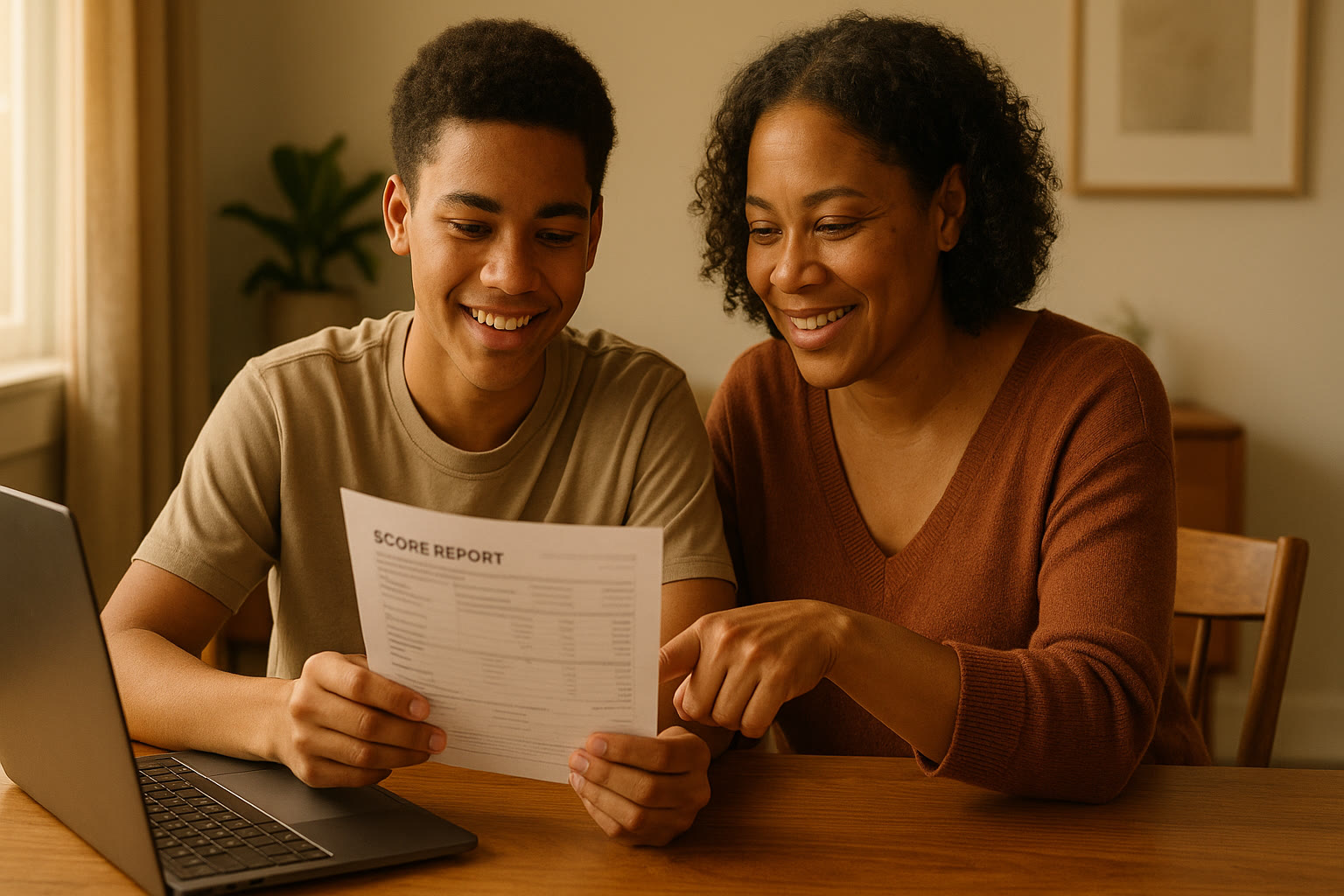 Photo Idea : A high school student and parent sitting at a dining table with a laptop and a printed score report, looking at it together and smiling thoughtfully.