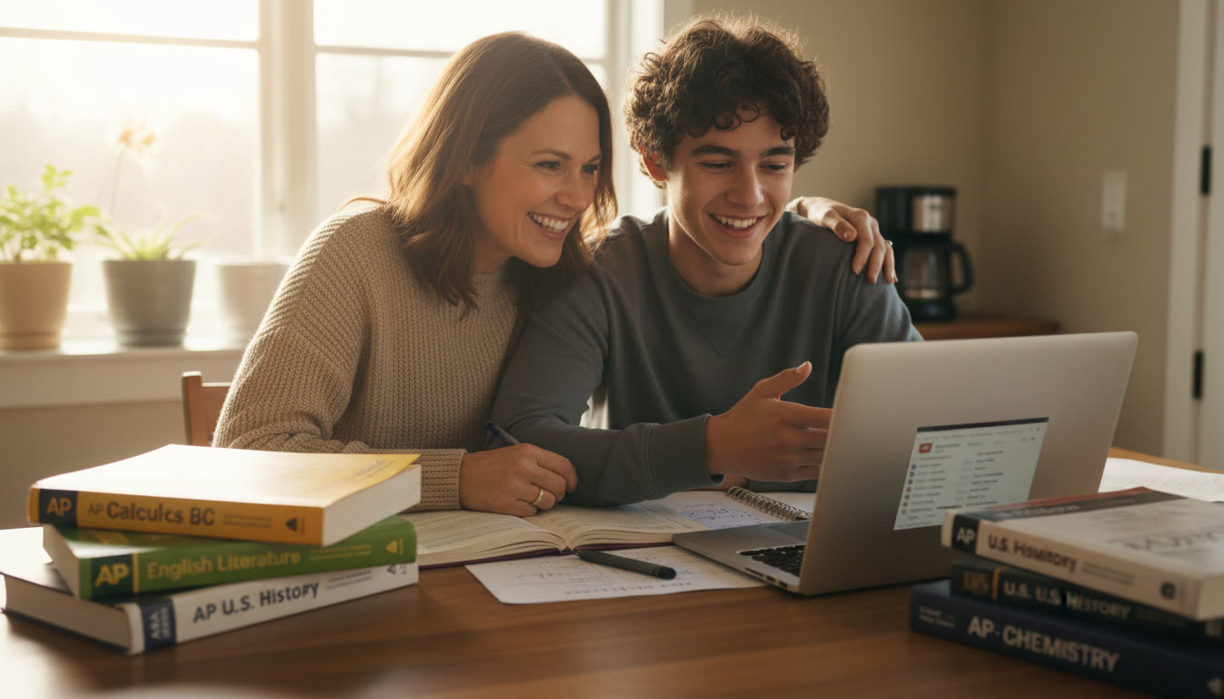 Photo Idea : A warm, candid shot of a parent and teen at the kitchen table surrounded by AP textbooks and a laptop, smiling as they plan a college list. Natural light, soft focus on materials.