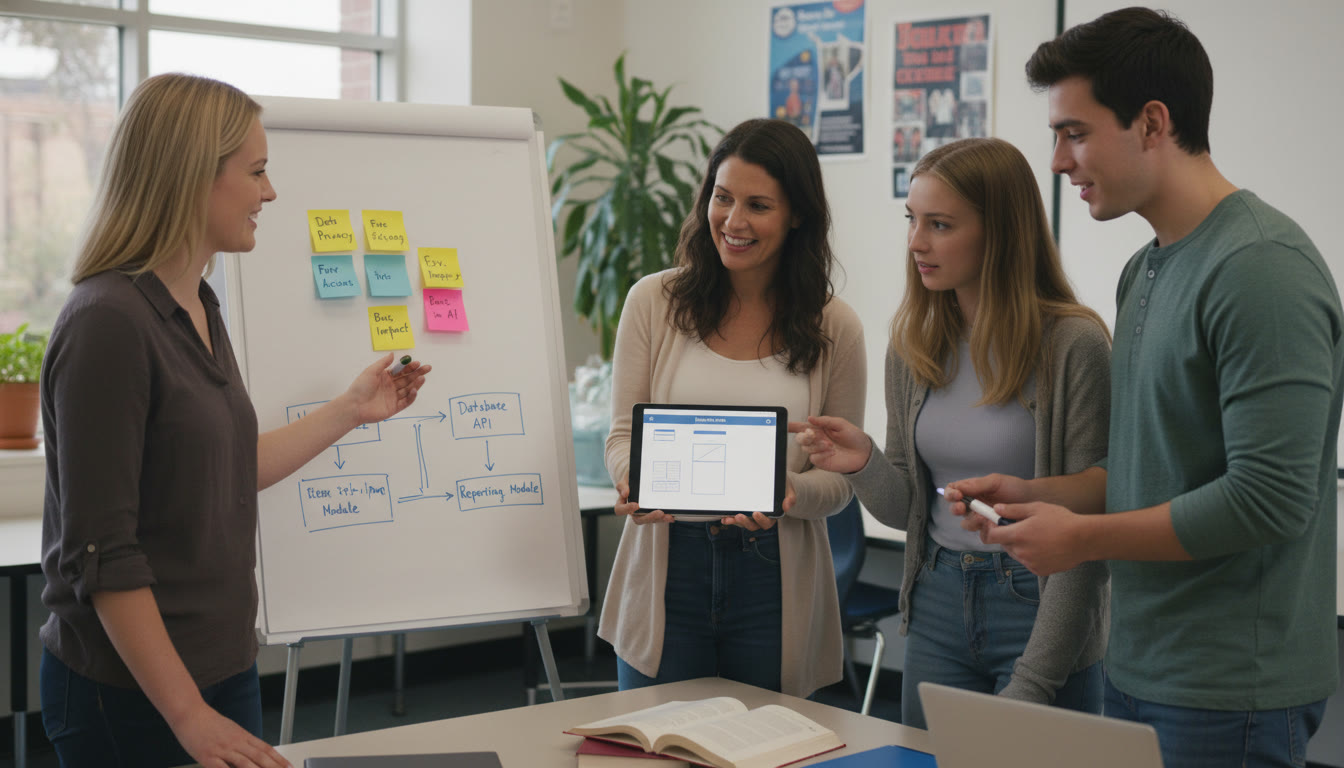 Photo Idea : A small group of students presenting a simple app prototype on a tablet to a teacher, with sticky notes showing ethical considerations and a sketch of system components nearby.