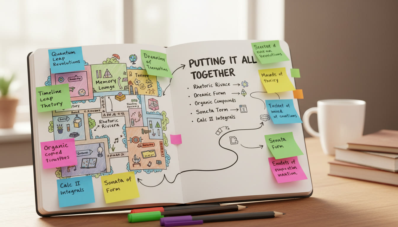 Photo Idea : A close-up of a student’s notebook with a drawn memory palace and colorful sticky tabs, demonstrating an active mnemonic strategy. Place this in the section 