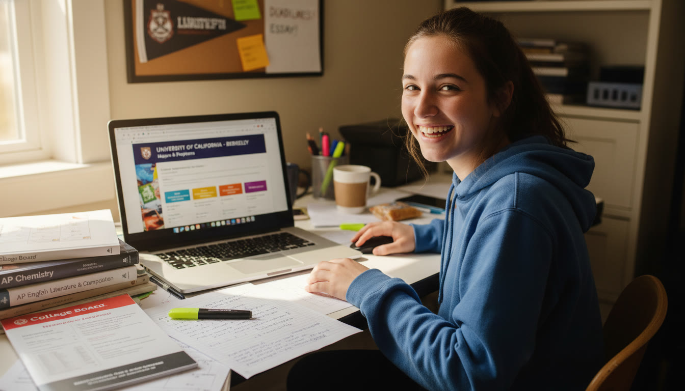 Photo Idea : High school student smiling with AP exam materials and a laptop open to a university catalog page — conveys both testing effort and college planning. Place near the top to set the scene.