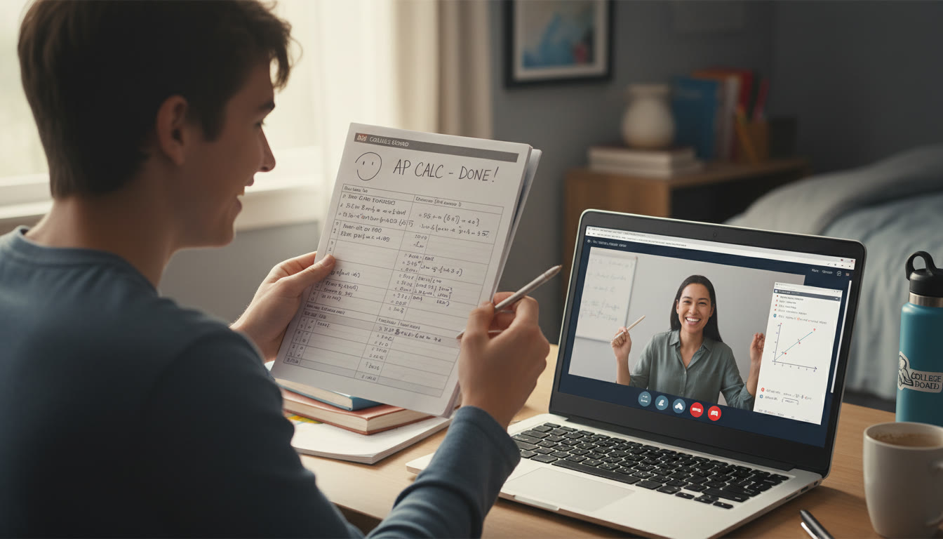 Photo Idea : Over-the-shoulder view of a teen receiving a virtual tutoring session on a laptop while holding a completed practice test — captures the ‘aha’ moment and connection with the tutor.