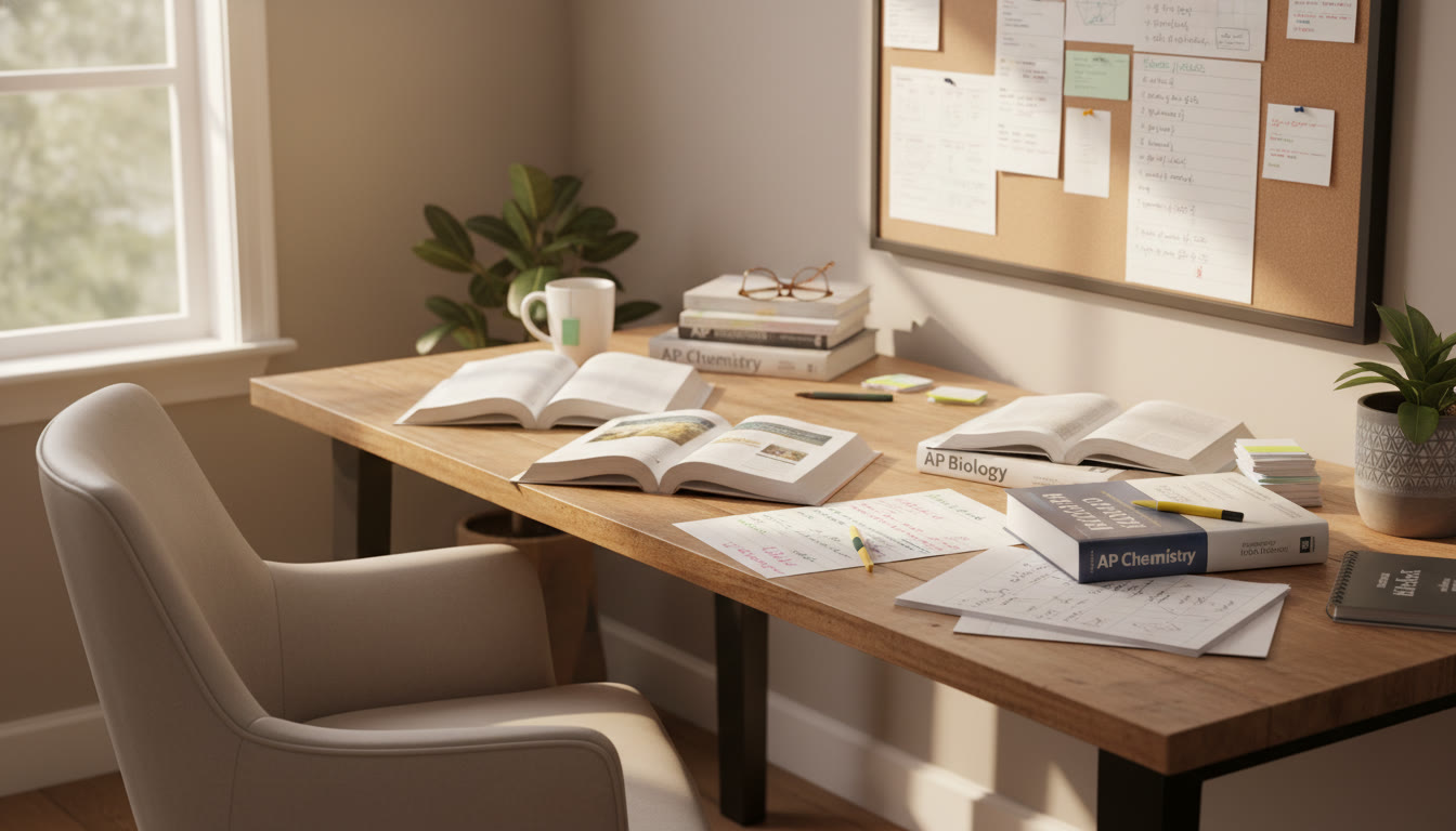 Photo Idea : A study nook with scattered AP textbooks (Biology, Chemistry, Calculus) and handwritten notes, suggesting focused, disciplined study. Capture warm natural light to make it inviting.