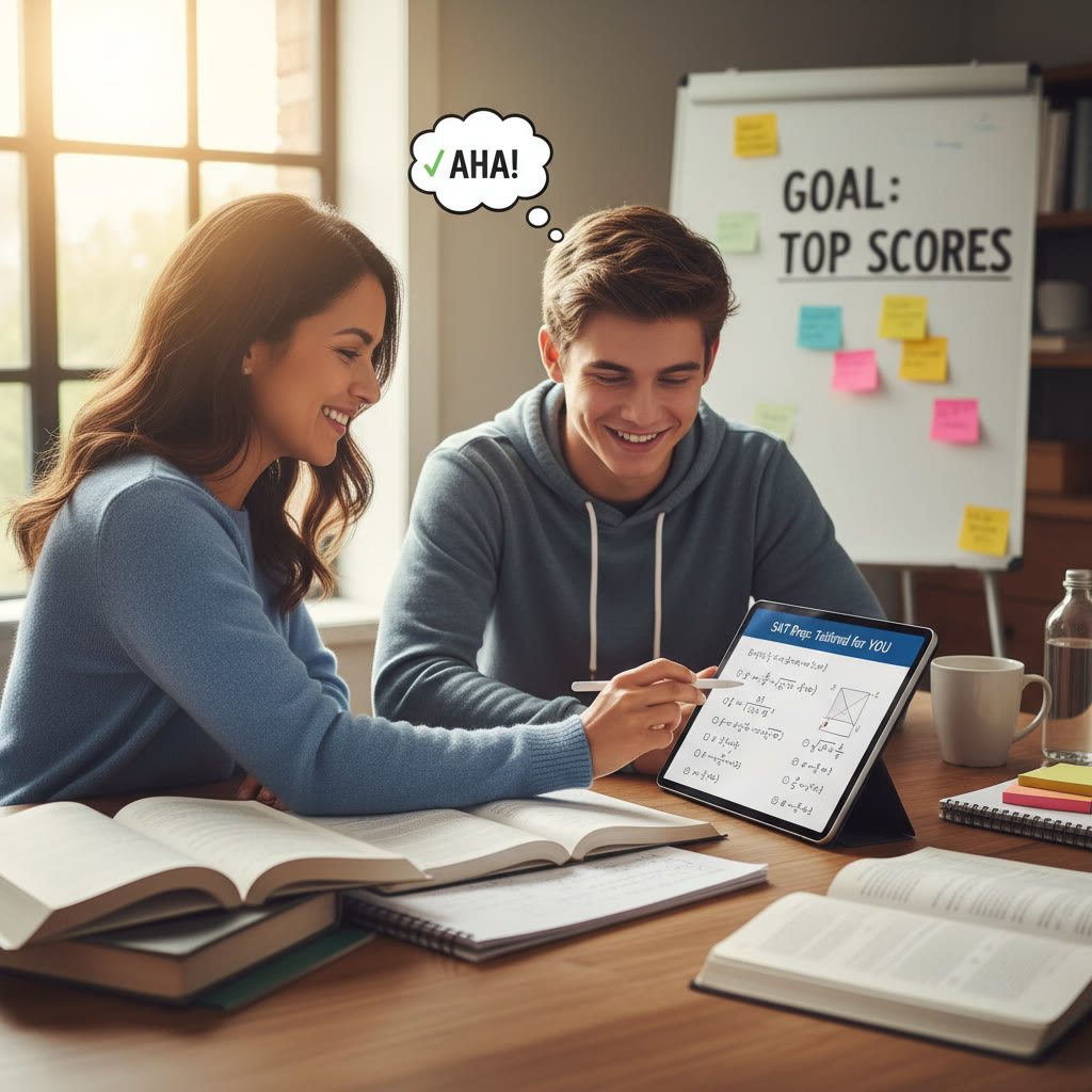 Photo idea: A tutor and student in a 1-on-1 session, pointing at a problem on the tablet, symbolizing personalized tutoring and tailored study plans.