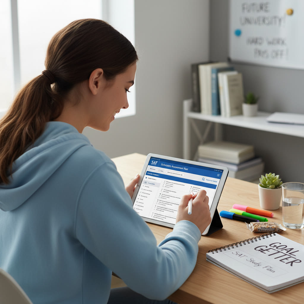 Photo Idea : Over-the-shoulder shot of a student using a tablet to take a digital SAT practice test, with a clean study desk and planner in the frame.