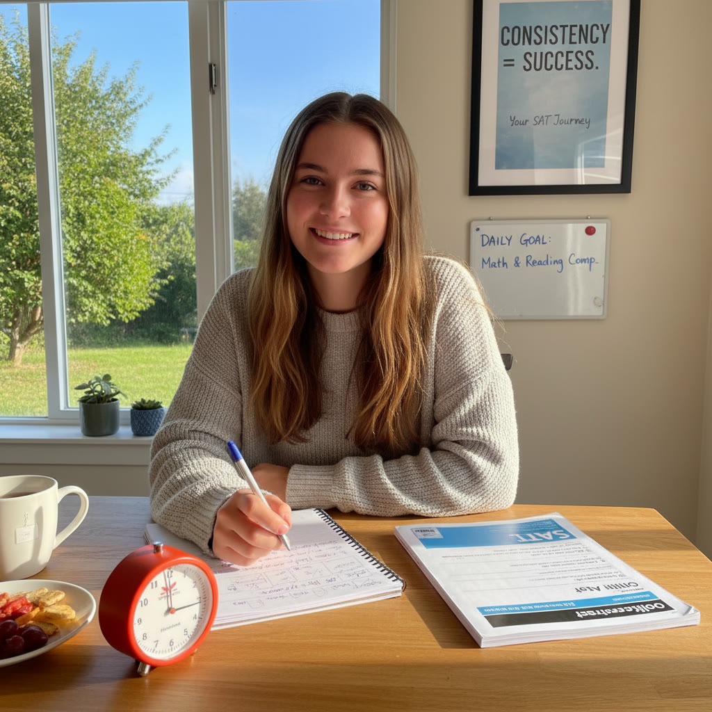 Student studying at a kitchen table with a notebook, practice test booklet, and a timer; shows a relaxed, consistent routine