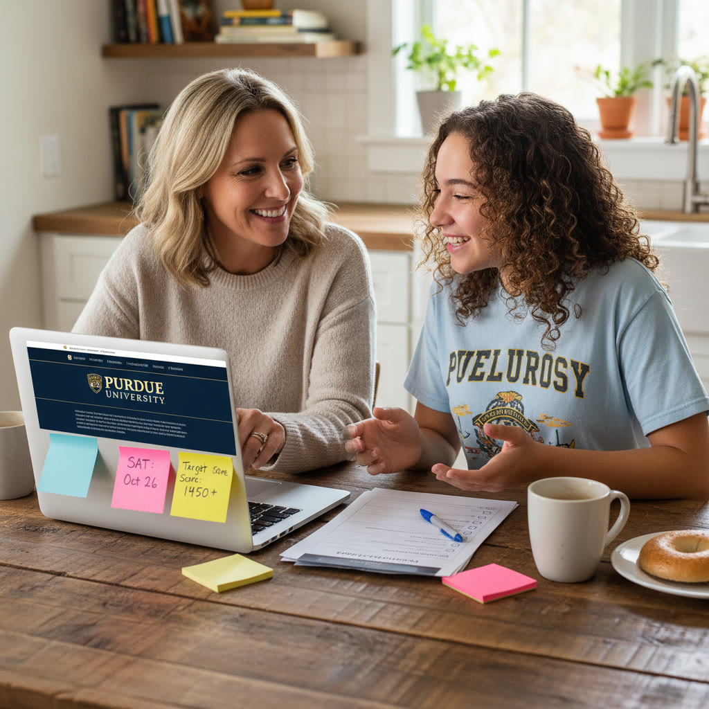 Photo Idea : A parent and teen reviewing a college application checklist at the kitchen table, laptop open to a Purdue page, sticky notes with target SAT date and score visible. Warm, collaborative scene.