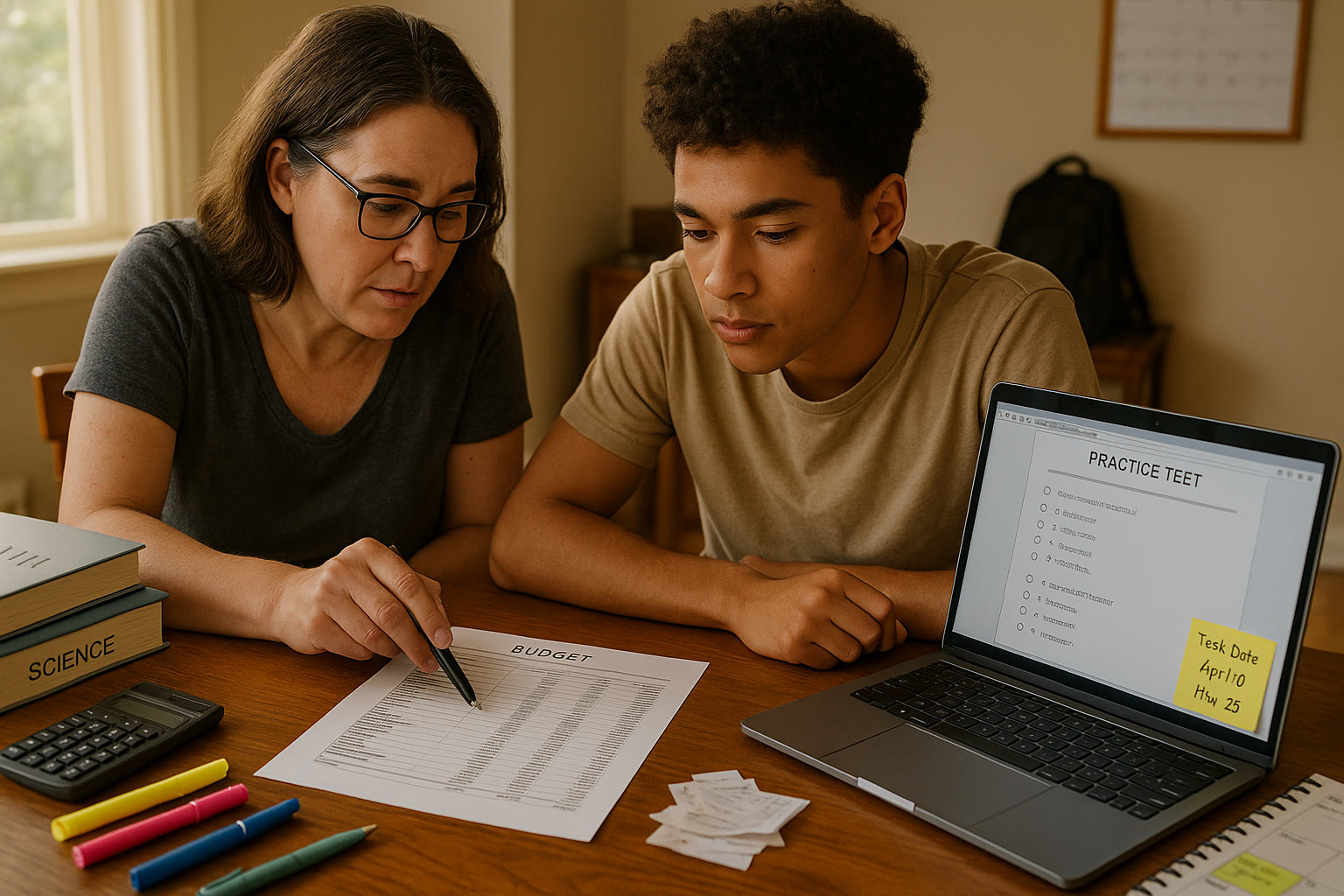Photo Idea : A parent and student reviewing a budget spreadsheet together, with textbooks, a laptop showing a practice test, and sticky notes highlighting test dates and fee deadlines.