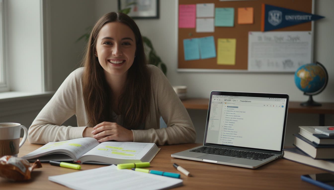 Photo Idea : A student at a desk with an open AP Government practice booklet, highlighters scattered, and a laptop showing notes — captures focused preparation in a lived-in study space.