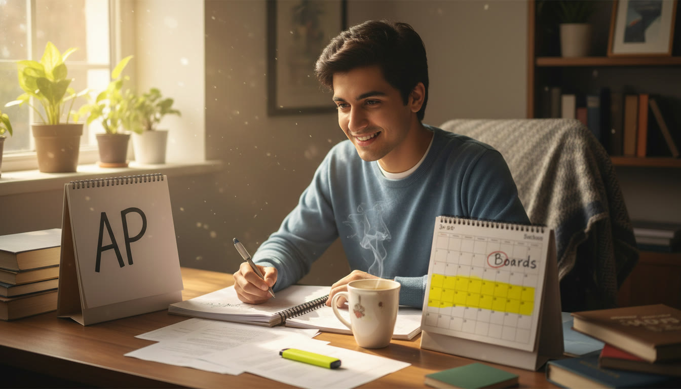 Photo Idea : A student at a desk with two open notebooks labeled “AP” and “Boards,” a calendar with the last 30 days highlighted, and a mug of tea — warm, focused energy.