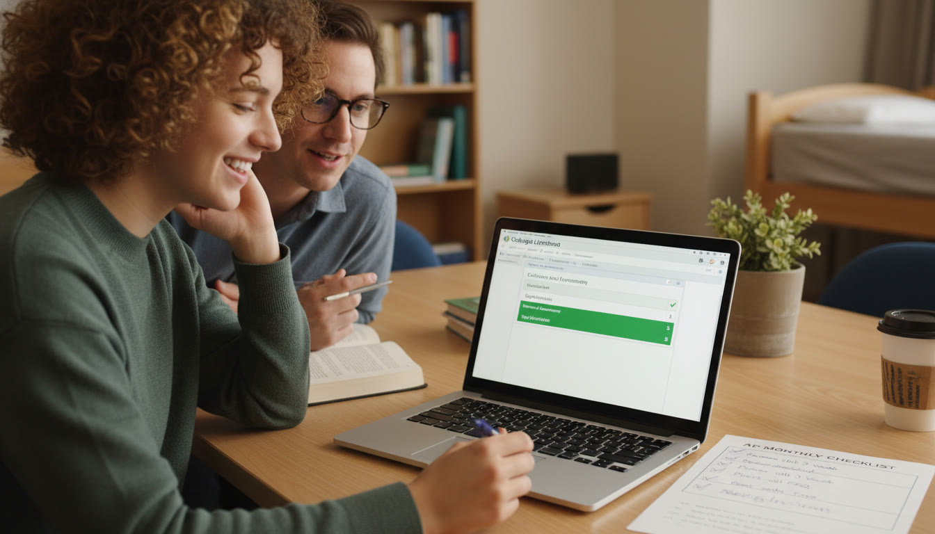 Photo Idea : A student and a tutor (friendly, focused) sitting at a table with a laptop showing a scored essay rubric and a printout of a Monthly Checklist—illustrates collaborative review and personalized guidance.