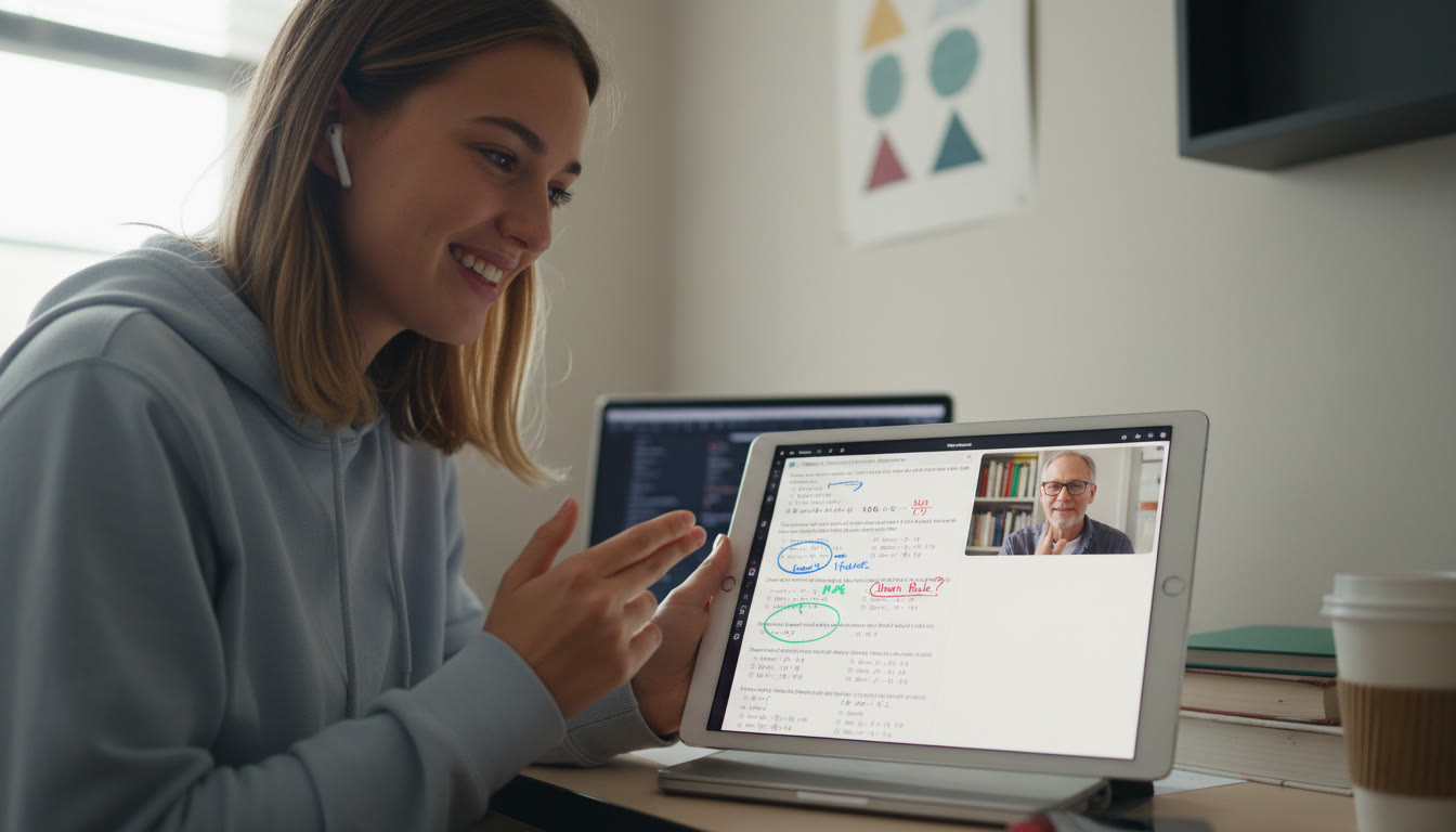 Photo Idea : A student meeting virtually with a tutor while sharing an iPad screen; the iPad shows annotated AP practice questions and a small video window of the tutor giving feedback.