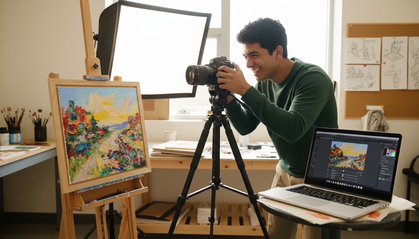Photo Idea : A student photographing a finished painting with a DSLR on a tripod and a softbox, with laptop nearby showing editing software — illustrating the documentation step.