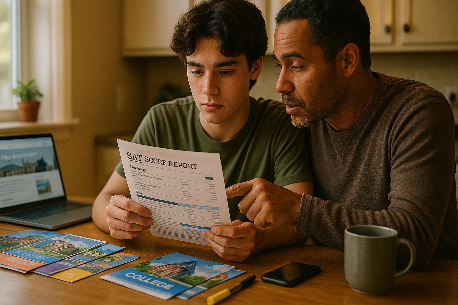 Photo Idea : A focused, warm photo of a high-school student and a parent reviewing a printed SAT score report together at a kitchen table, with a laptop and college brochures nearby.