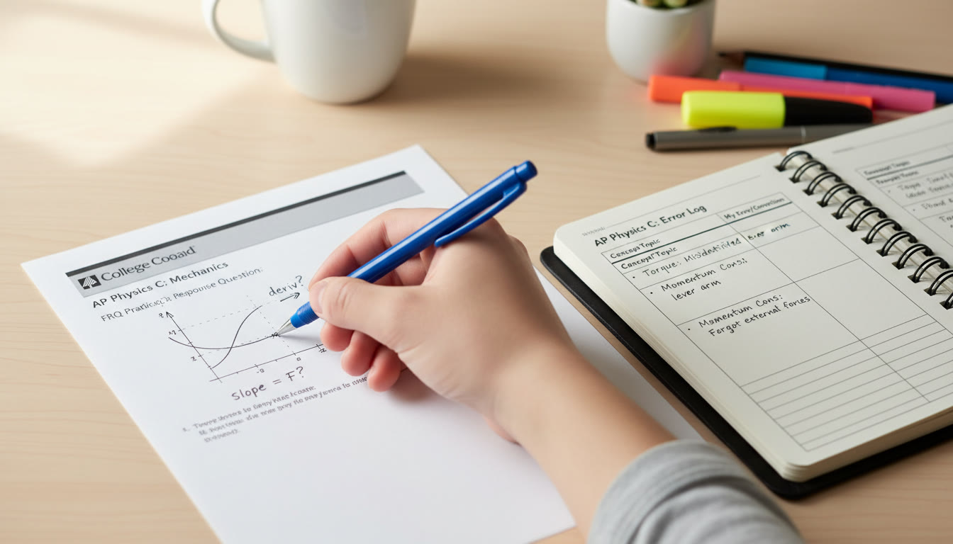 Photo Idea : A close-up of a student’s hand annotating a graph on a practice FRQ, with a tidy error-log notebook beside the paper — suggests active analysis and correction.