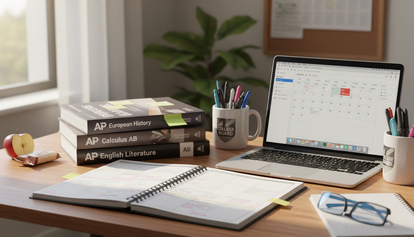 Photo Idea : A close-up of a student’s desk with an open planner, AP textbooks, and a laptop showing a study schedule — conveys focus and practical preparation in action, suitable near the checklist or study strategy section.