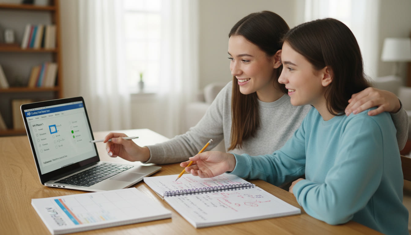 Photo Idea : A calm, encouraging photo of a tutor or parent working with a student over a laptop showing a practice question, with a notebook of handwritten revisions nearby—this image should appear later in the article to illustrate targeted tutoring and study planning.
