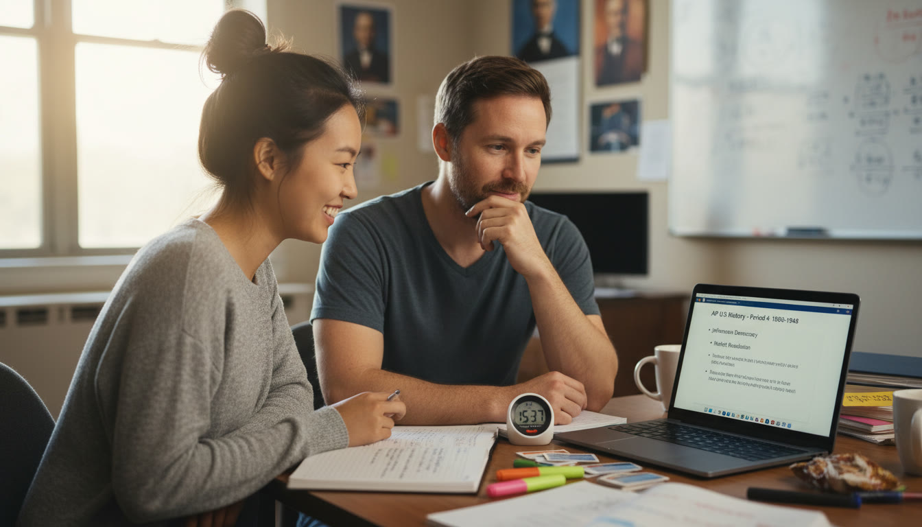 Photo Idea : A behind-the-scenes shot of a student and a tutor reviewing slides together on a laptop, notes and a practice timer visible—emphasizes supportive, personalized coaching during rehearsal.