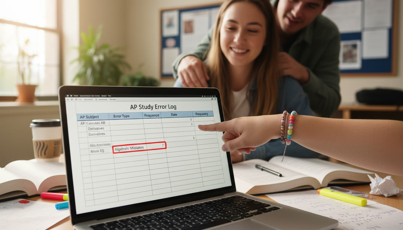 Photo Idea : Close-up of a spreadsheet on a laptop screen showing an error log table, with a student’s hand pointing at a recurring item—this illustrates data-driven study and collaboration.