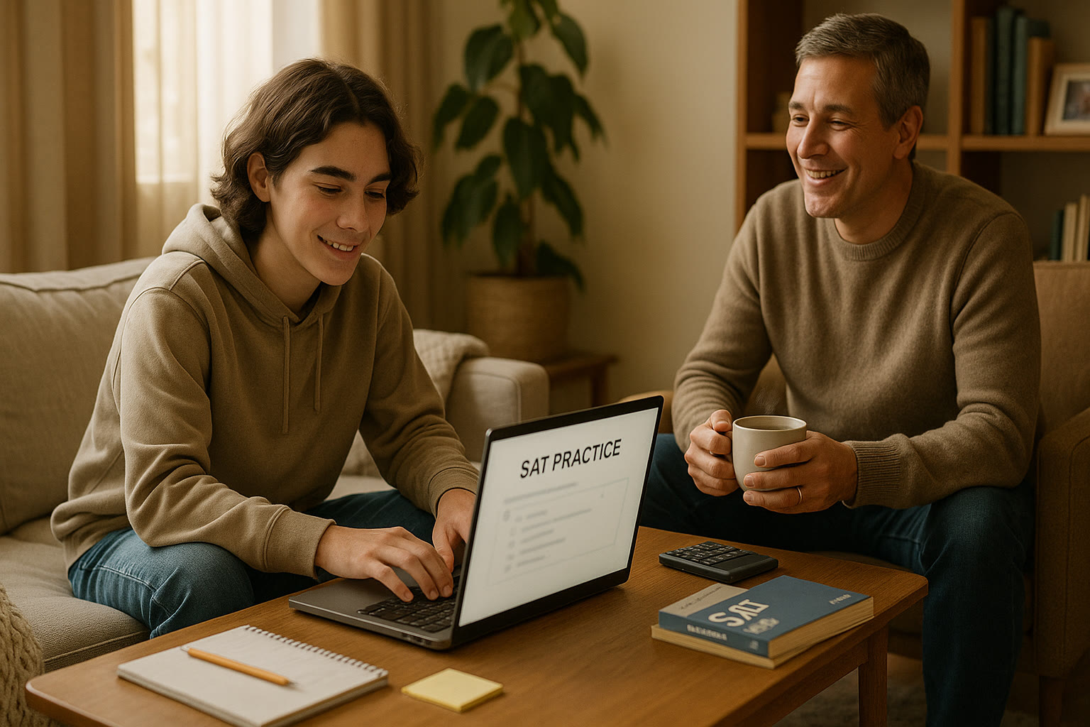 Photo Idea : A calm living room scene showing a teen doing SAT practice on a laptop while a parent sits nearby with a cup of tea, both smiling and relaxed.
