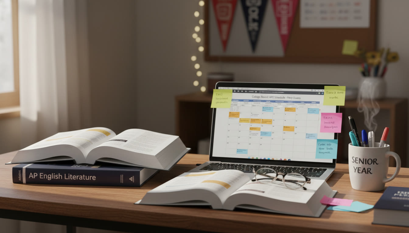 Photo Idea : A sunlit desk with open AP textbooks, a laptop showing a study calendar, sticky notes, and a cup of coffee — intimate, focused senior-year study vibe. Place near the top so readers feel immediately invited into a realistic study scene.