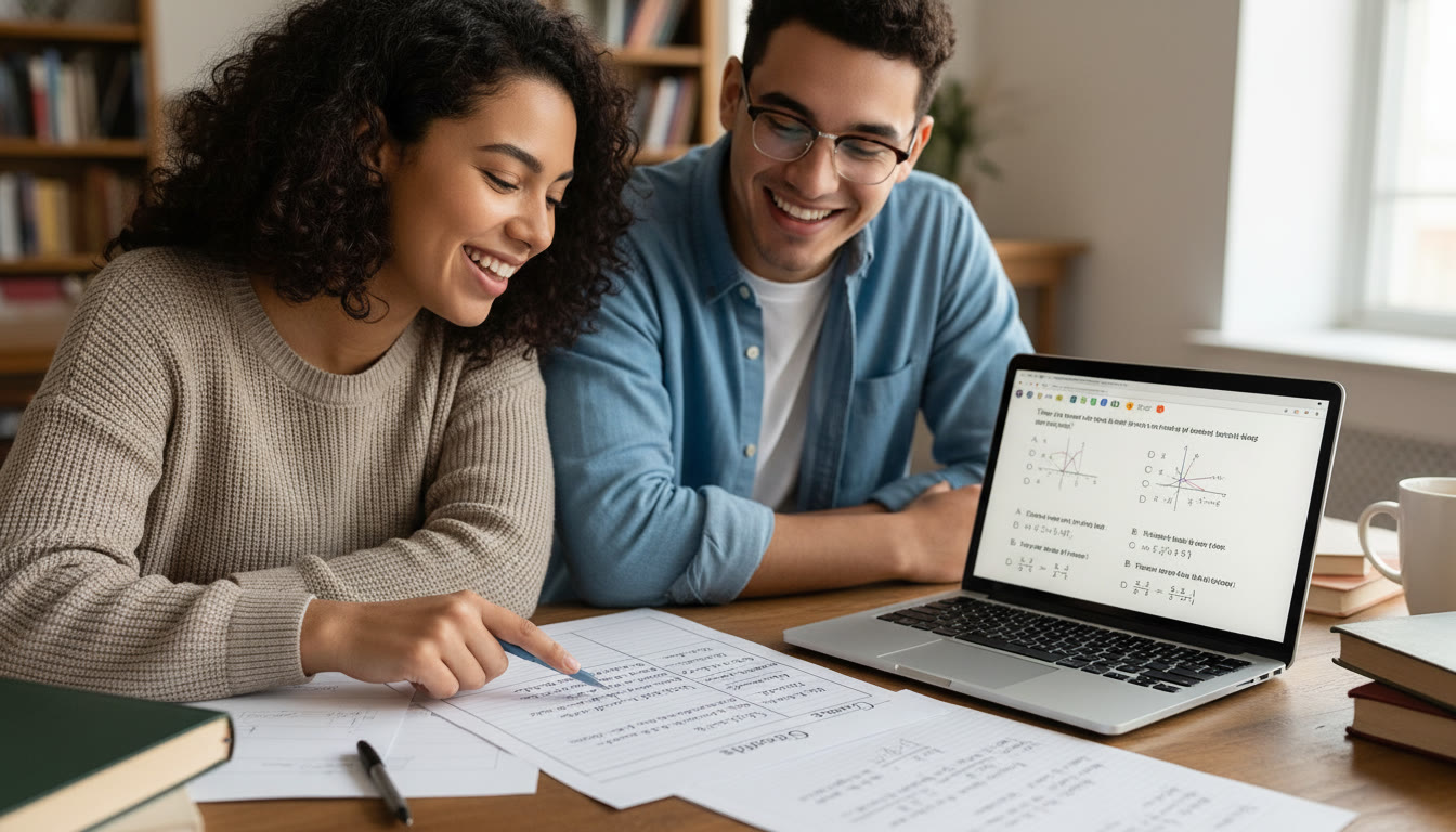 Photo Idea : A student and a tutor (desk view) reviewing Cornell Notes together, pointing at the cue column with a laptop open to a practice problem. This image should appear around the section about tutoring to visually reinforce the benefit of guided review.